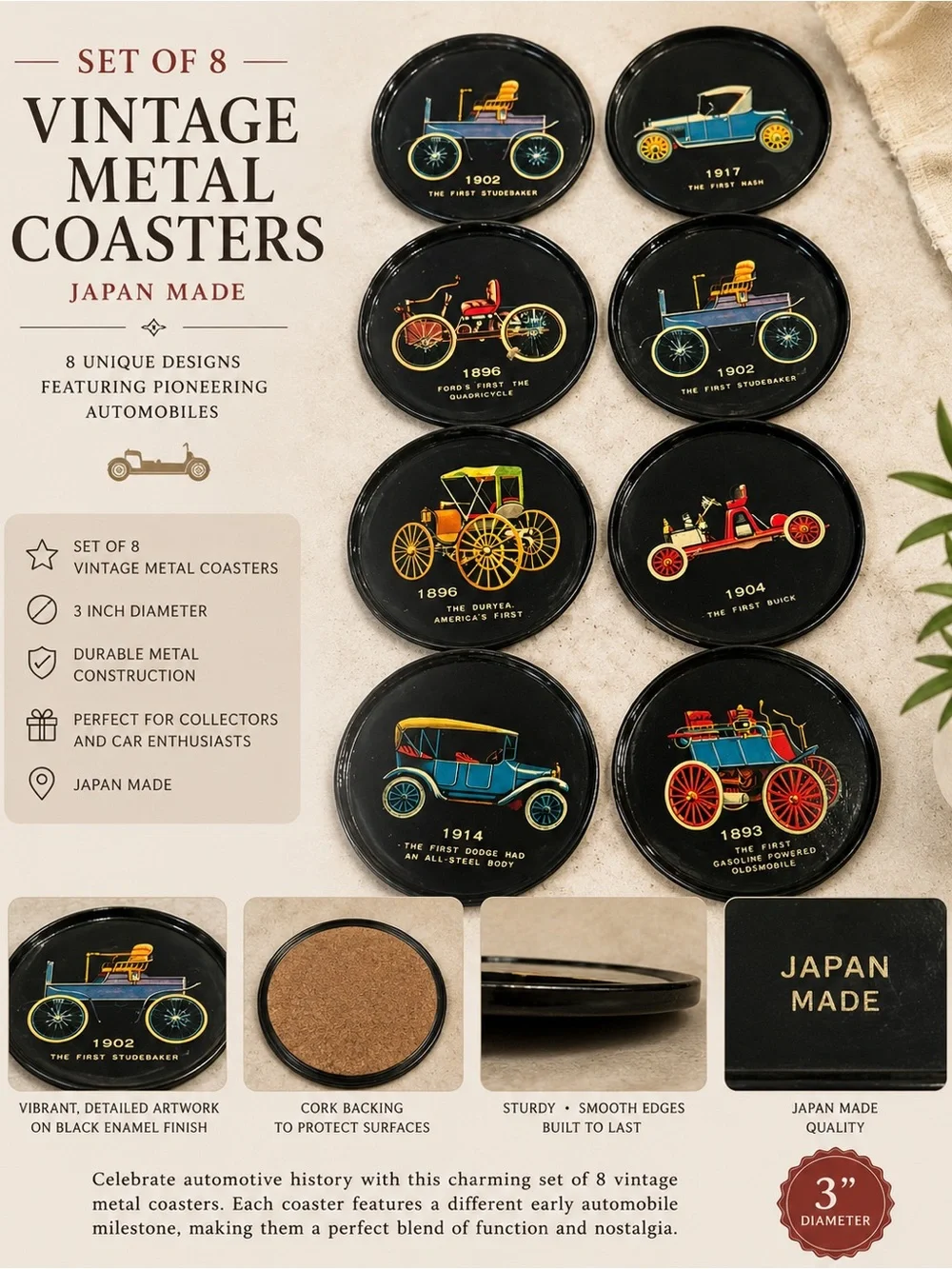 Vintage Metal Car metal Coaster Set - Automobile Designs (Set of 8) Japan made